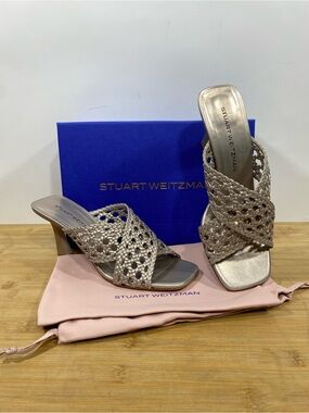 NIB Stuart Weitzman Thea Slide 75 Champagne Metallic Heeled Sandal Sz 10 B /40.5